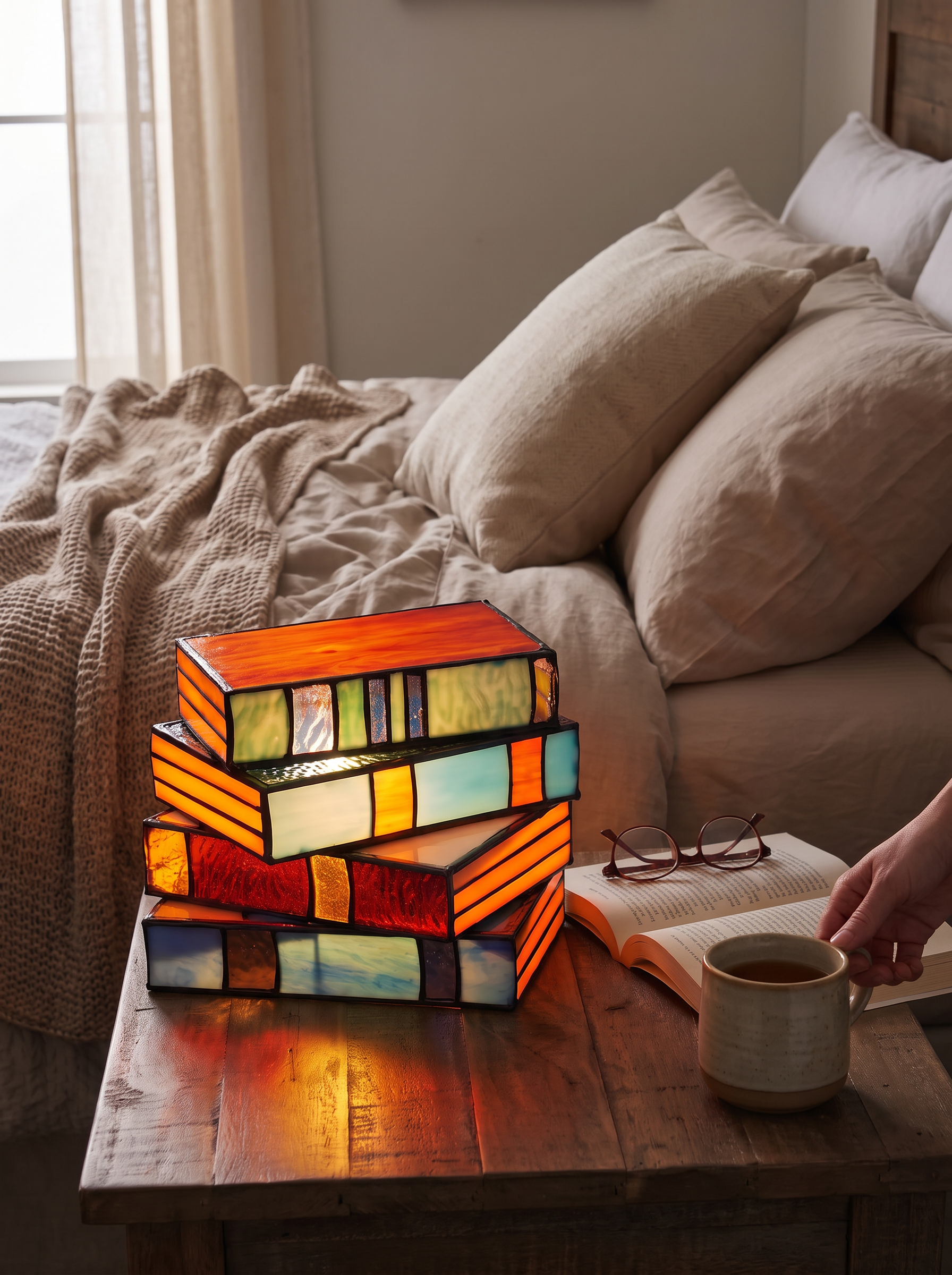 Stained Glass Book Lamp glowing on a reading nook side table