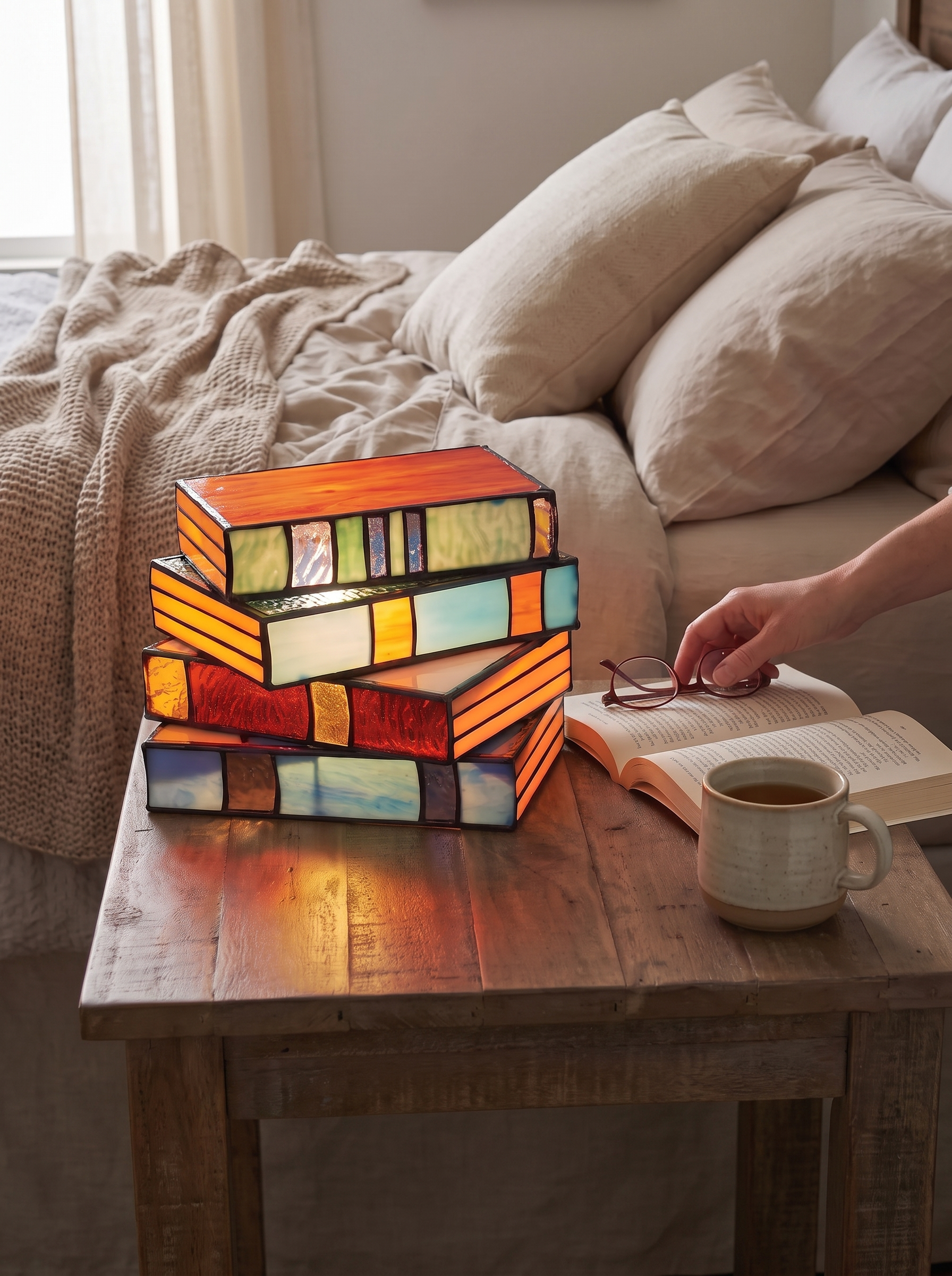 Handcrafted stained glass panels of the book lamp up close