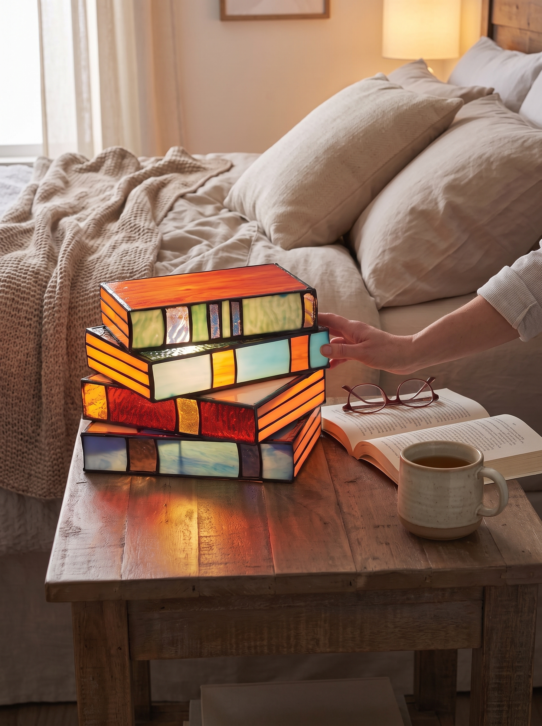 Stained Glass Book Lamp casting a warm evening glow