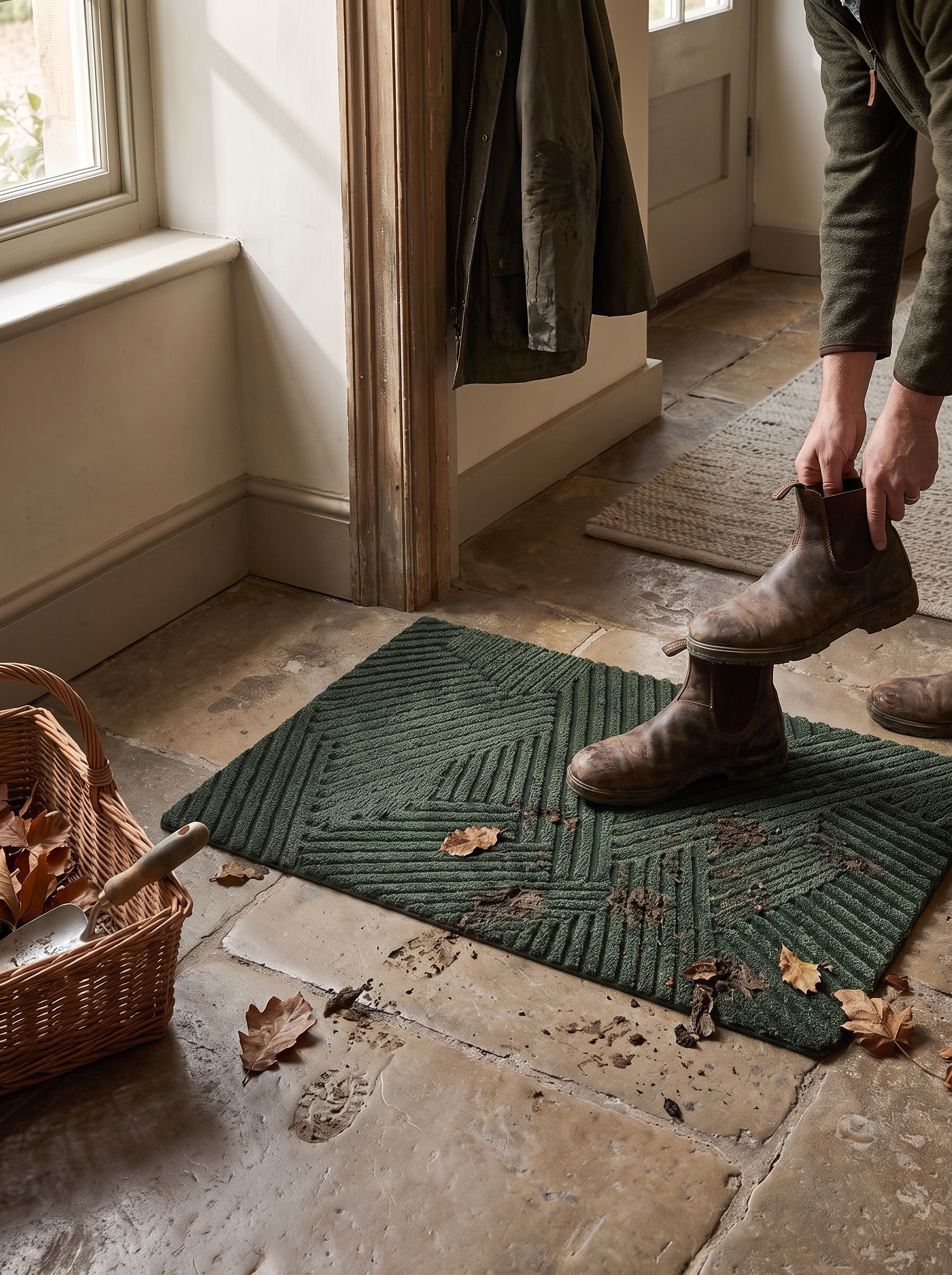 Durable Non-Slip Door Mat catching dirt from boots at a doorway