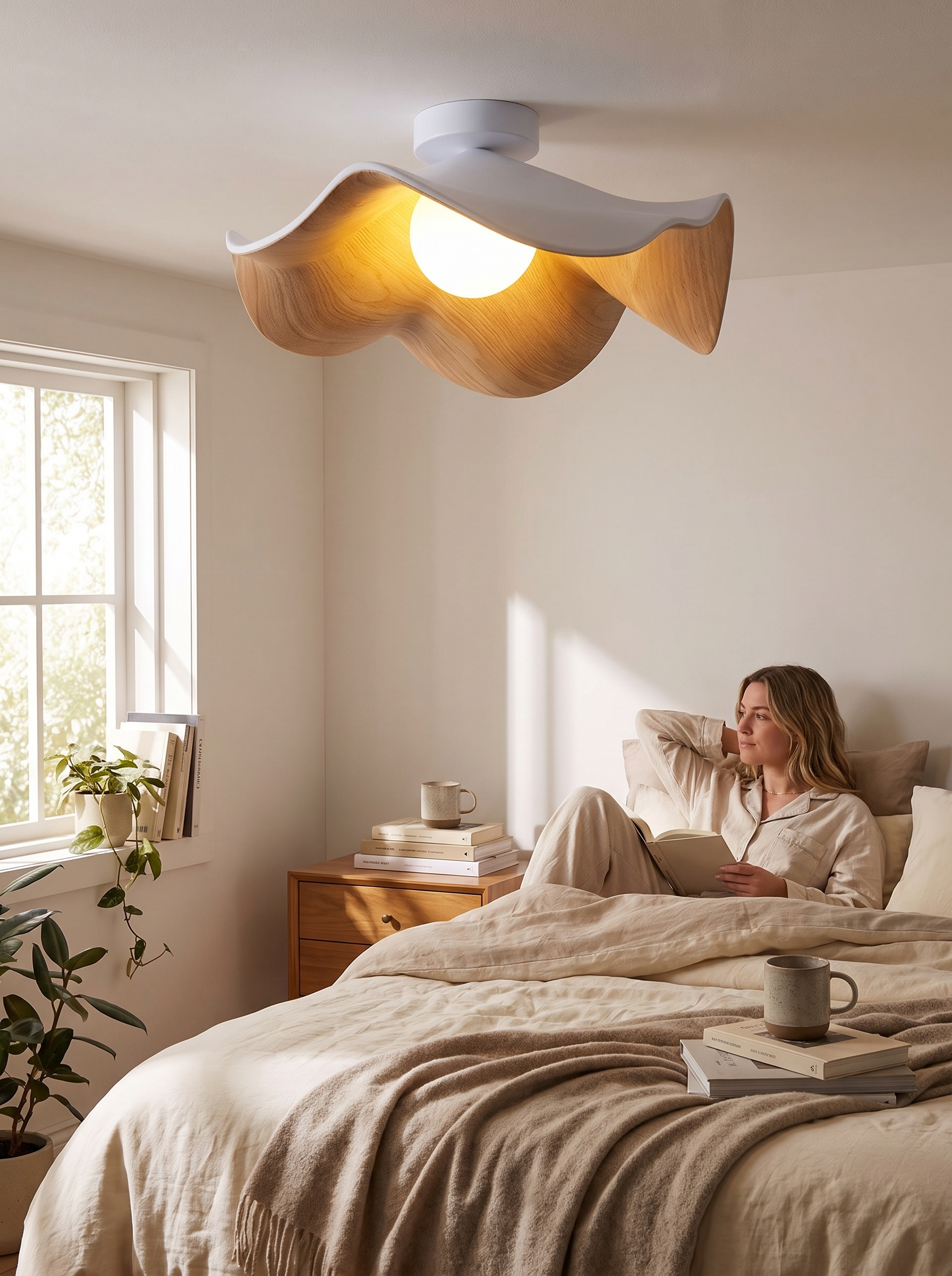 Scandinavian Wooden Lotus Ceiling Light lifestyle image