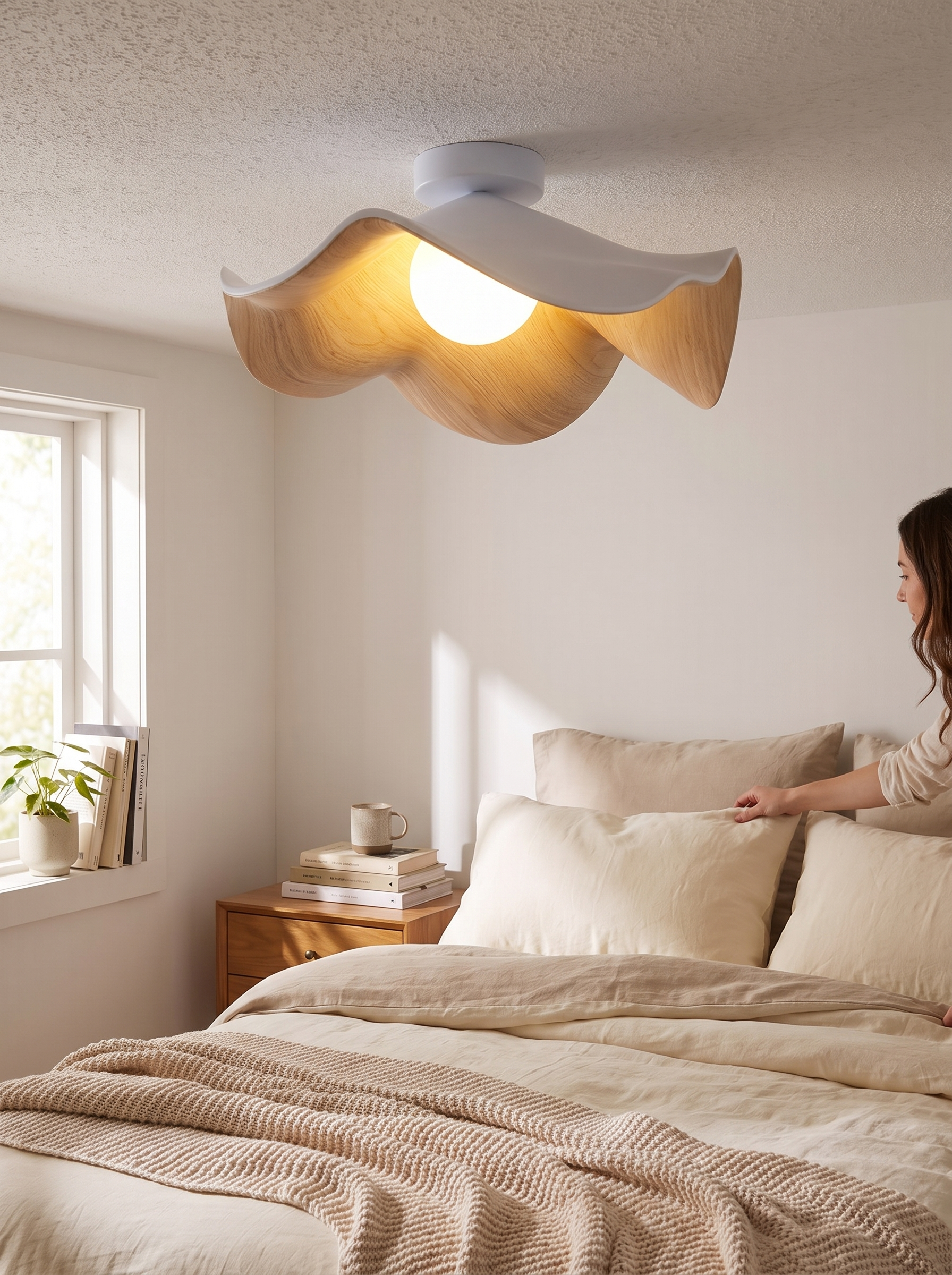 Scandinavian Wooden Lotus Ceiling Light lifestyle image