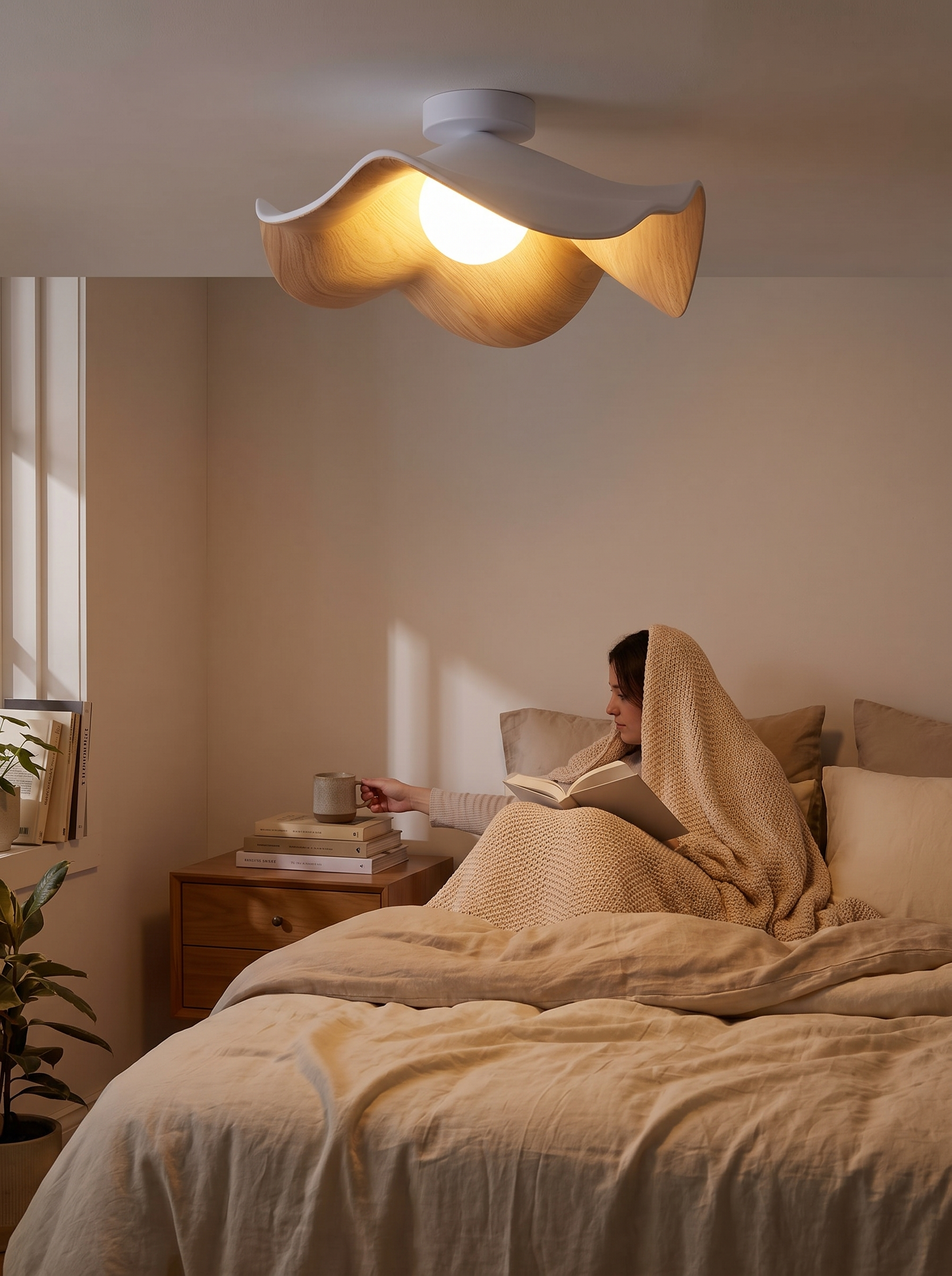 Scandinavian Wooden Lotus Ceiling Light lifestyle image