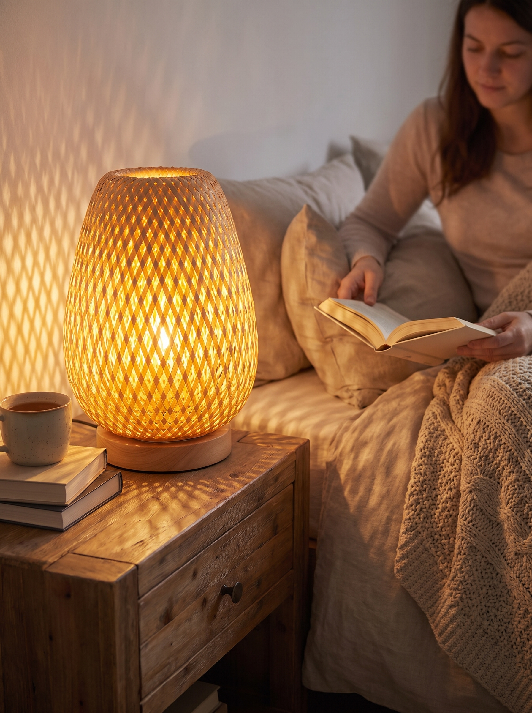 Handmade Bamboo Woven Bedside Lamp lifestyle image