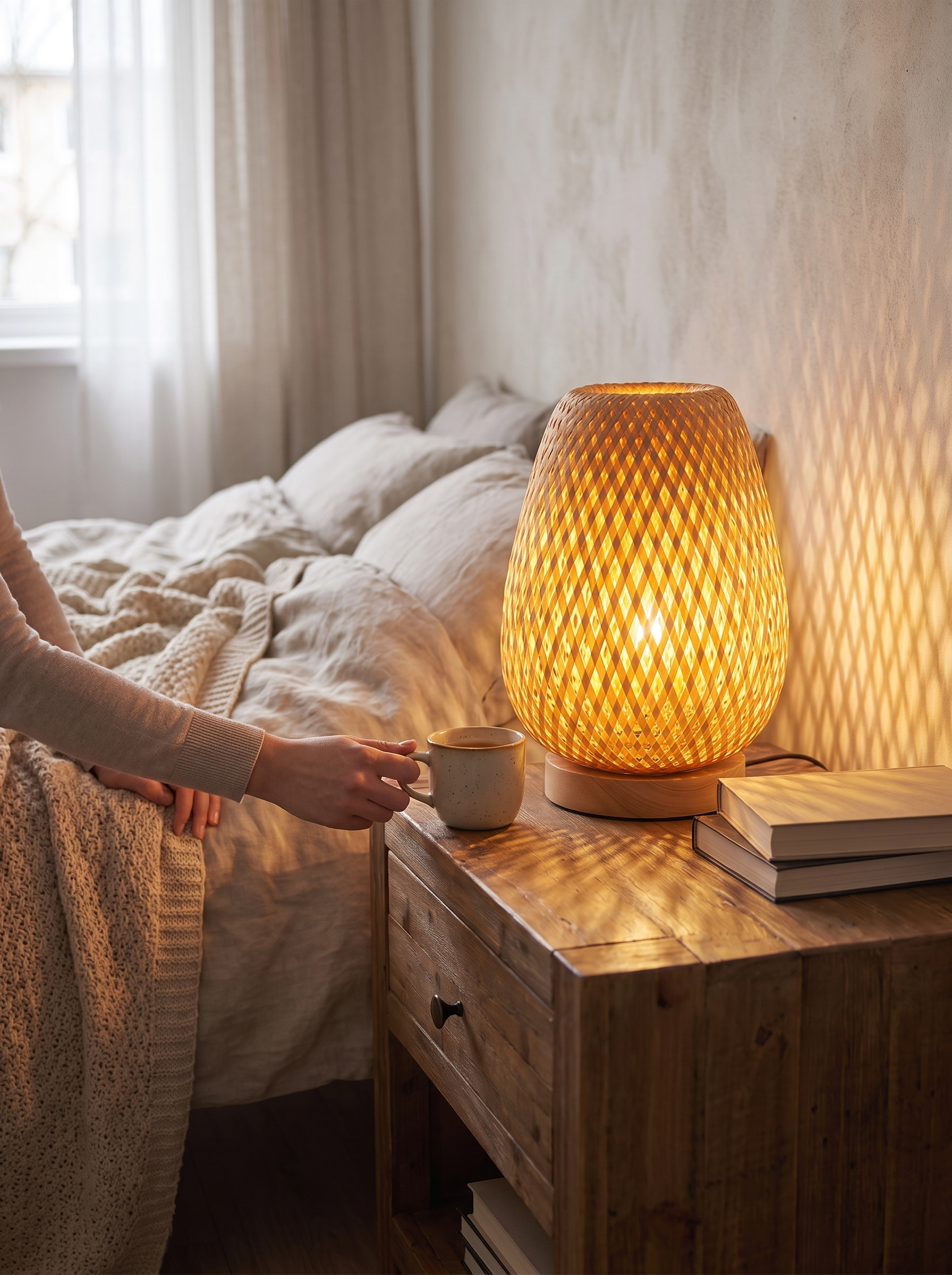 Handmade Bamboo Woven Bedside Lamp lifestyle image