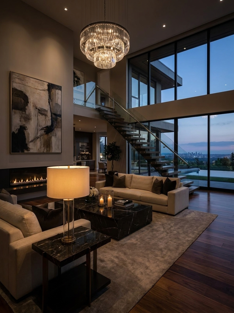 Modern lounge with tiered chandelier, floor lamp and floor-to-ceiling windows