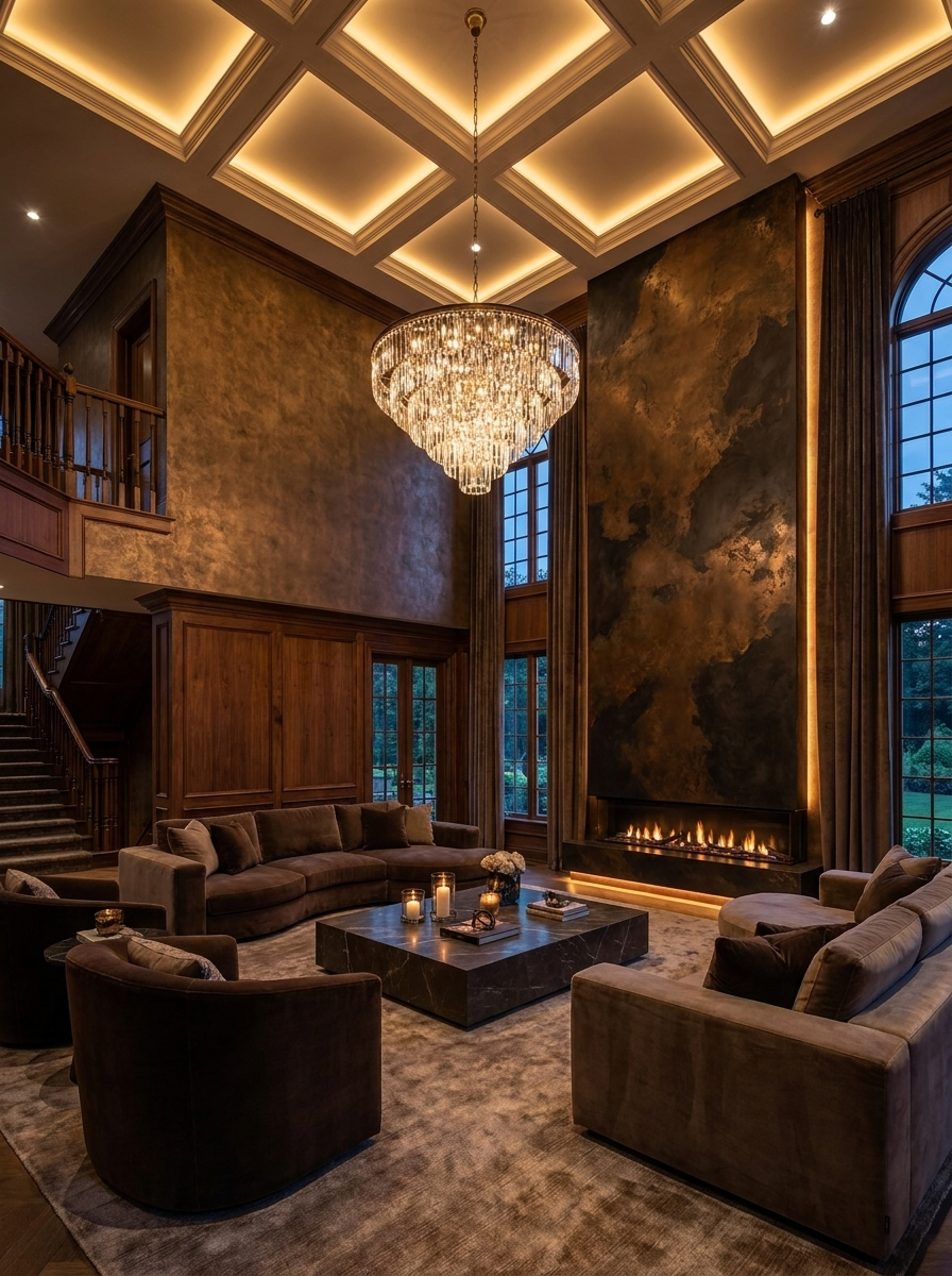 Grand double-height living room with crystal chandelier and walnut panelling