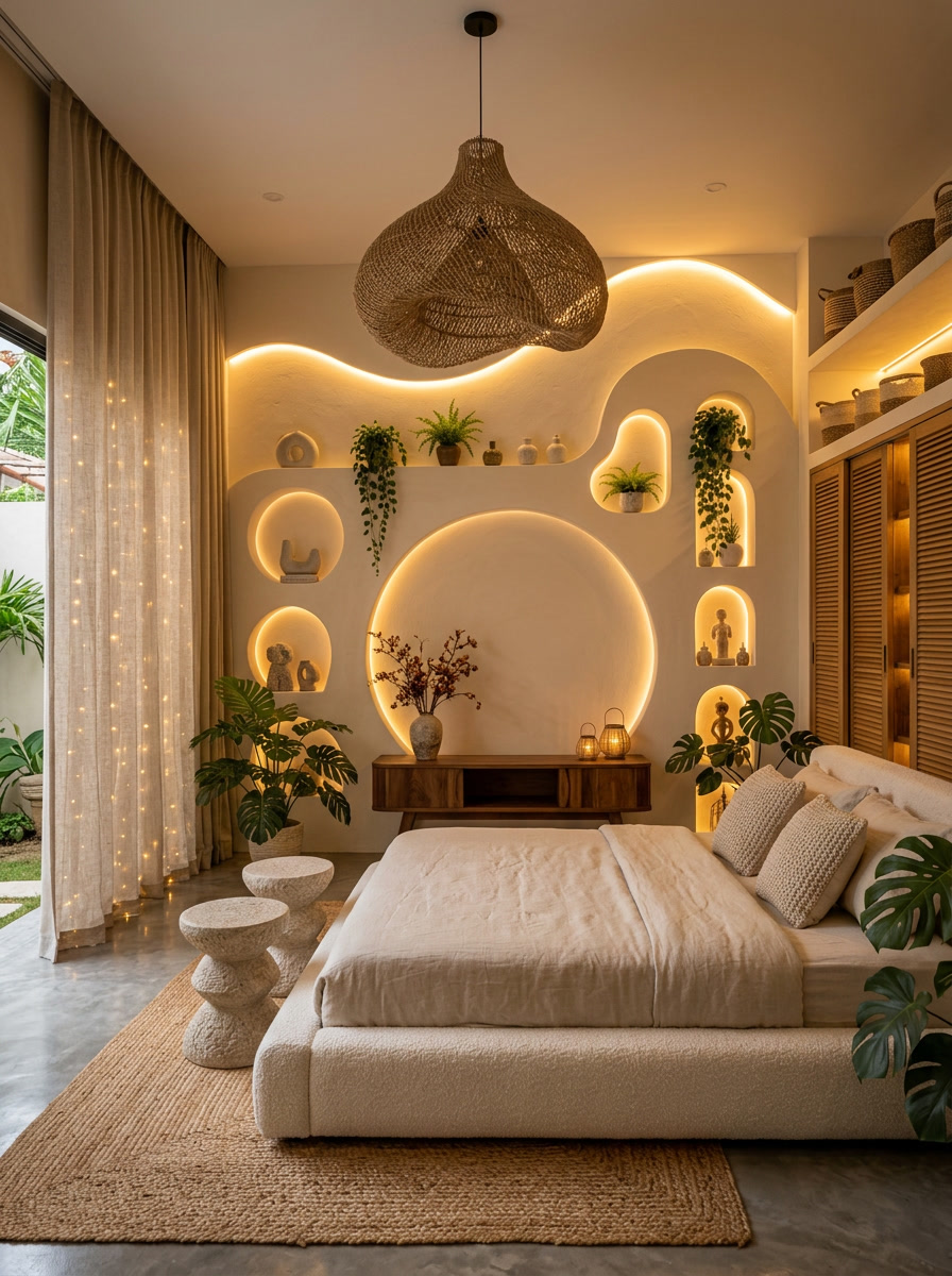 Serene cream bedroom with woven pendant light and warm alcove lighting